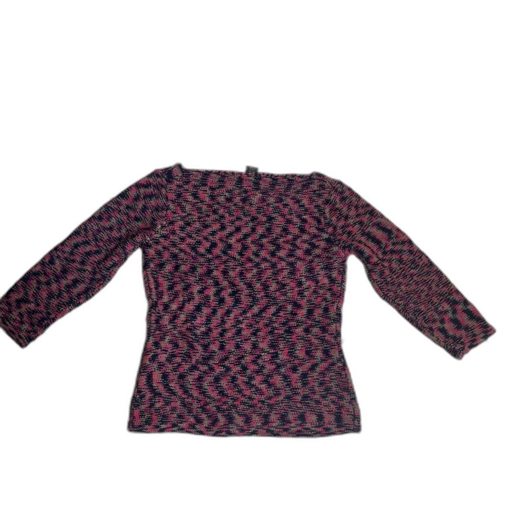 WOMEN'S SIZE LARGE BOAT NECK TWEE PINK BLUE QUARTER SLEEVE FITTED SWEATER